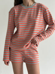 Striped knitwear Oversized long-sleeved suit and shorts gray/orange