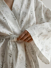 Kimono muslin robe wildflowers on white