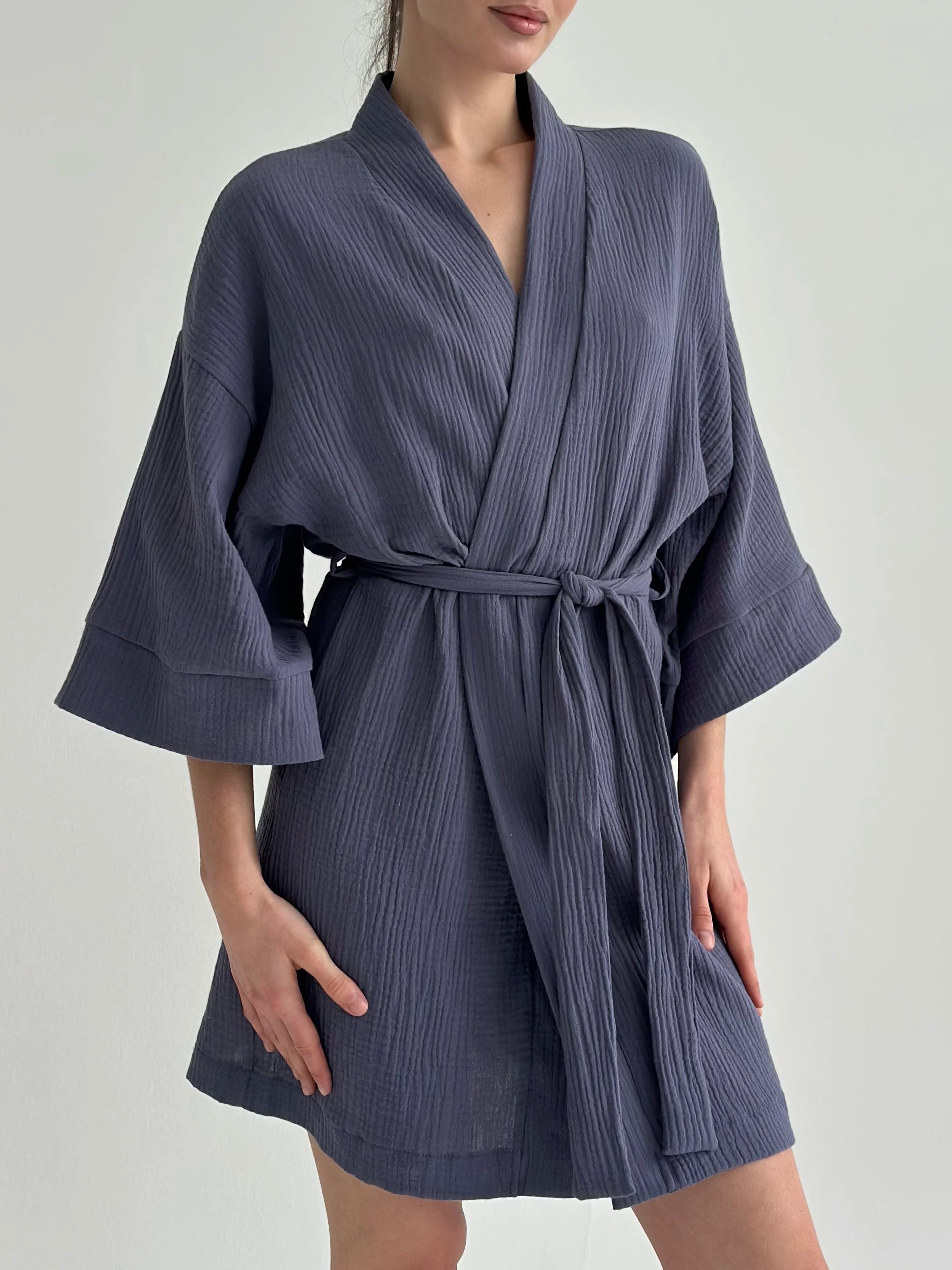 Muslin Kimono Robe short light blue 2-layer