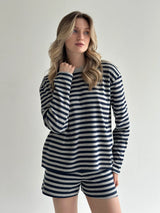 Striped knitwear Oversized long-sleeved suit and shorts gray/blue