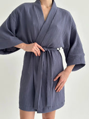 Muslin Kimono Robe short light blue 2-layer