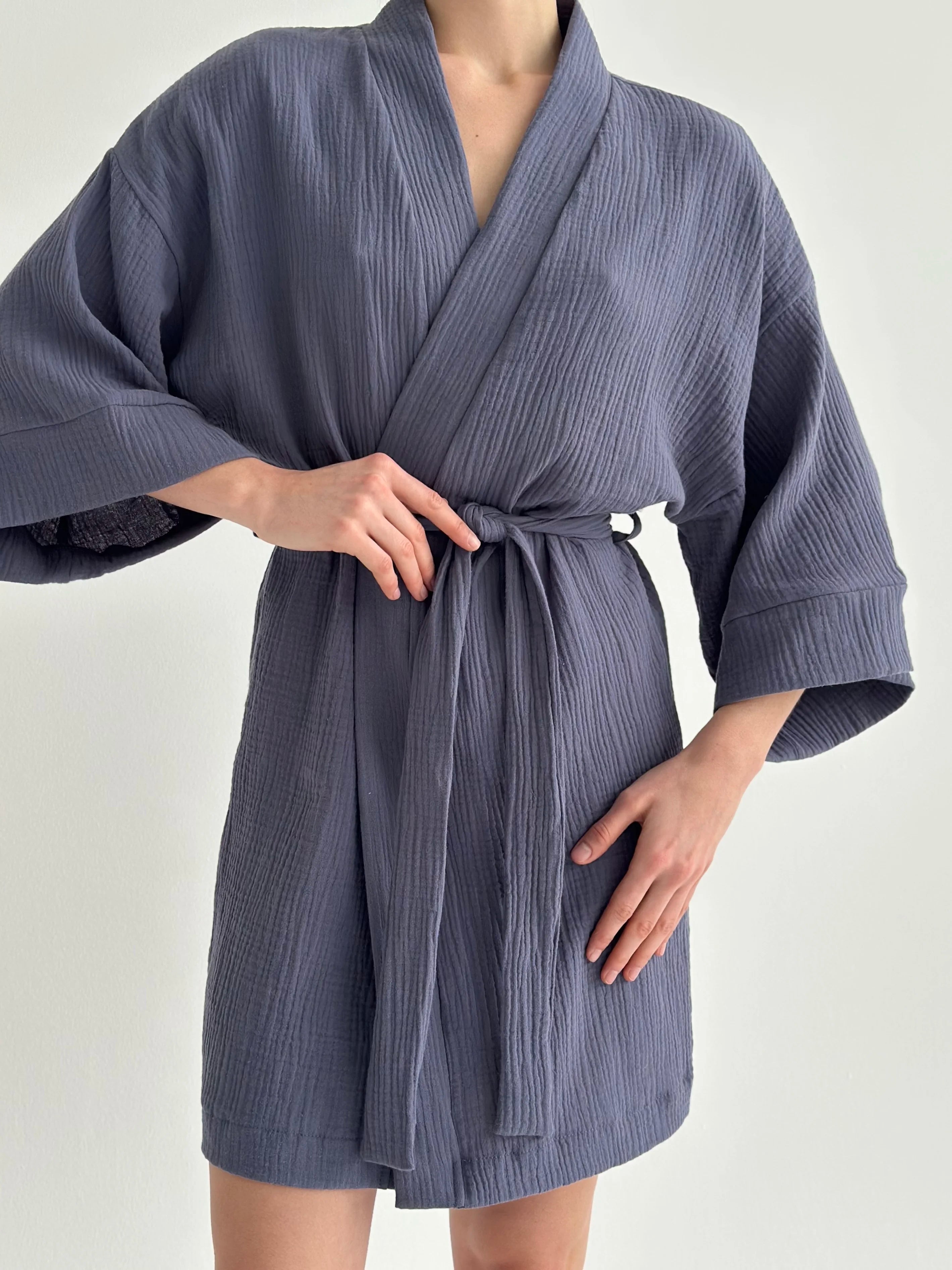 Muslin Kimono Robe short light blue 2-layer