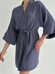 Muslin Kimono Robe short light blue 2-layer