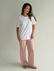 Set of knitted T-shirt and pants, boiled cotton, milk check on pink