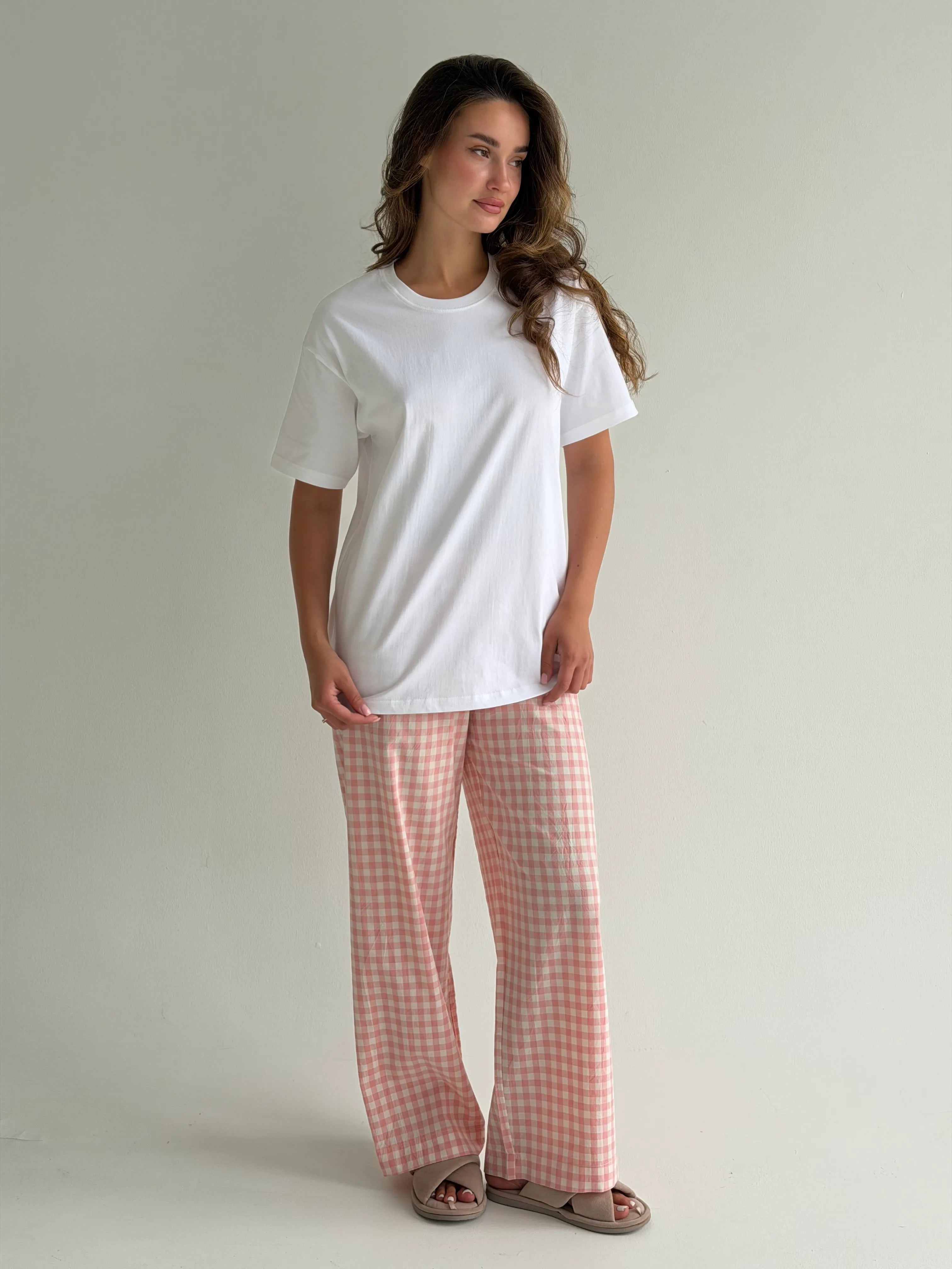 Set of knitted T-shirt and pants, boiled cotton, milk check on pink