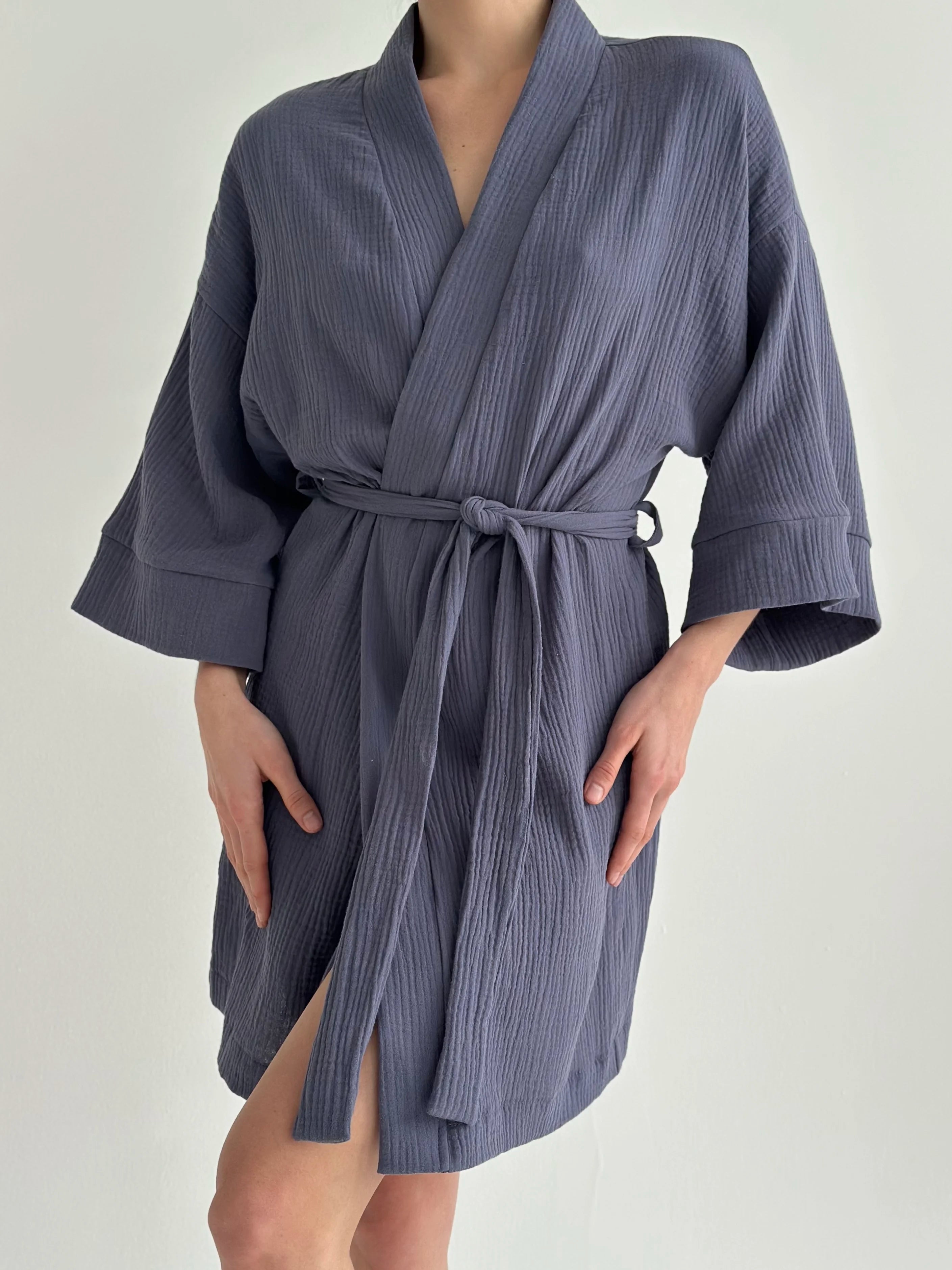 Muslin Kimono Robe short light blue 2-layer