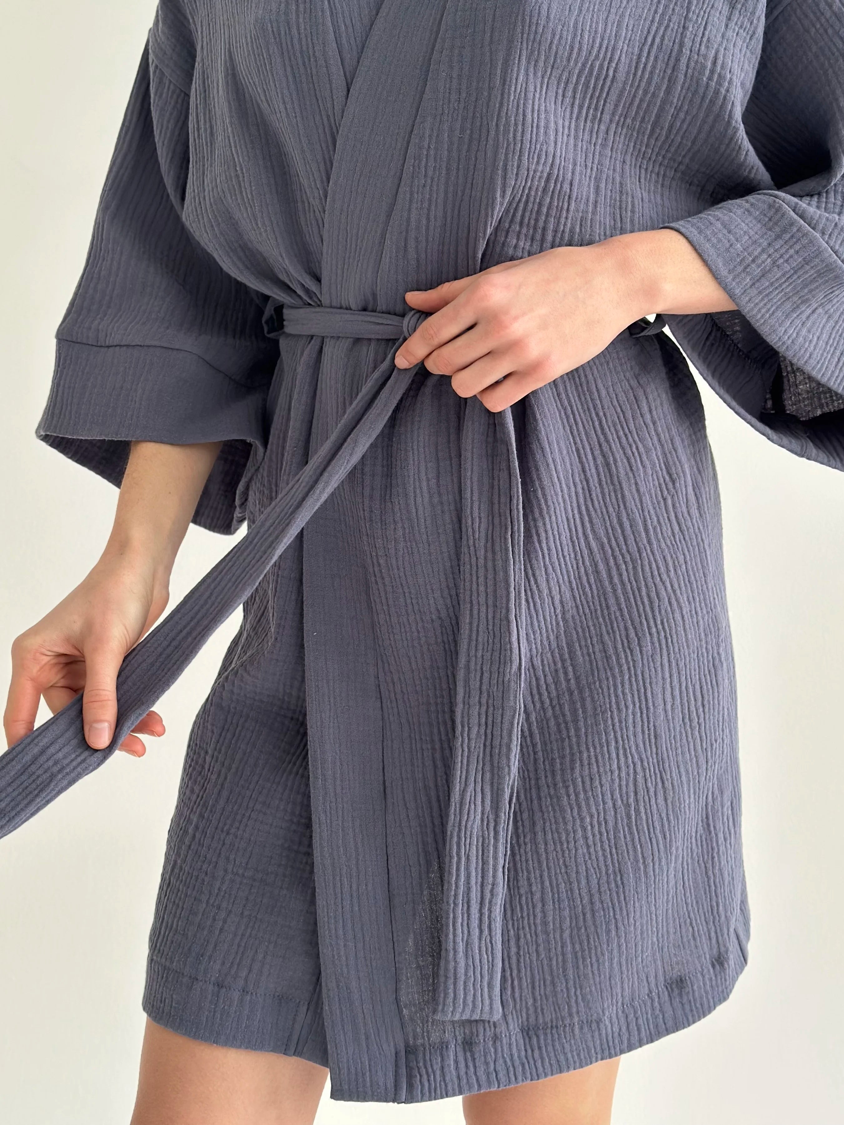 Muslin Kimono Robe short light blue 2-layer