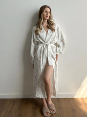 Long muslin robe with wildflowers on white