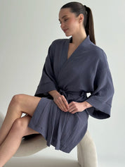 Muslin Kimono Robe short light blue 2-layer