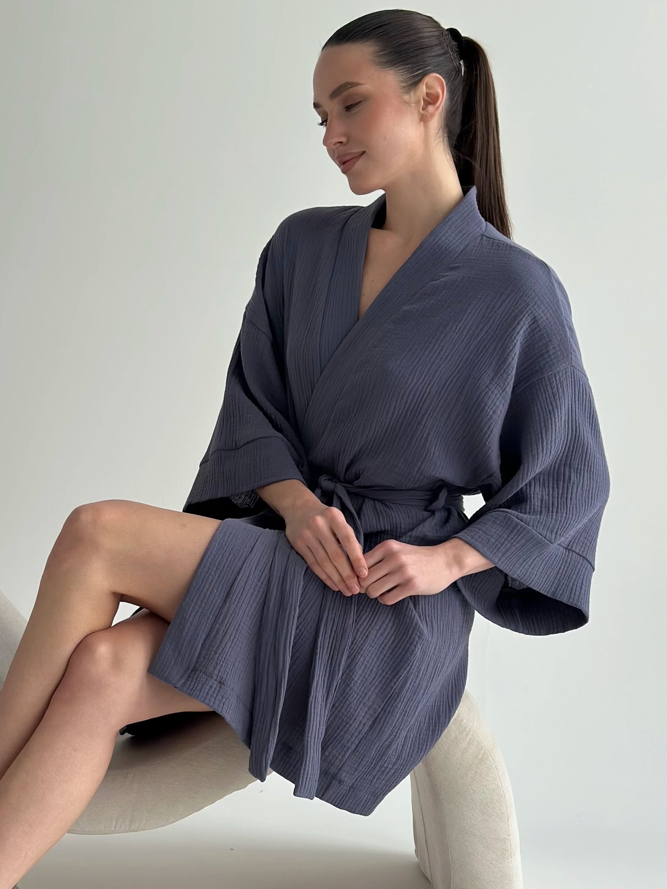 Muslin Kimono Robe short light blue 2-layer