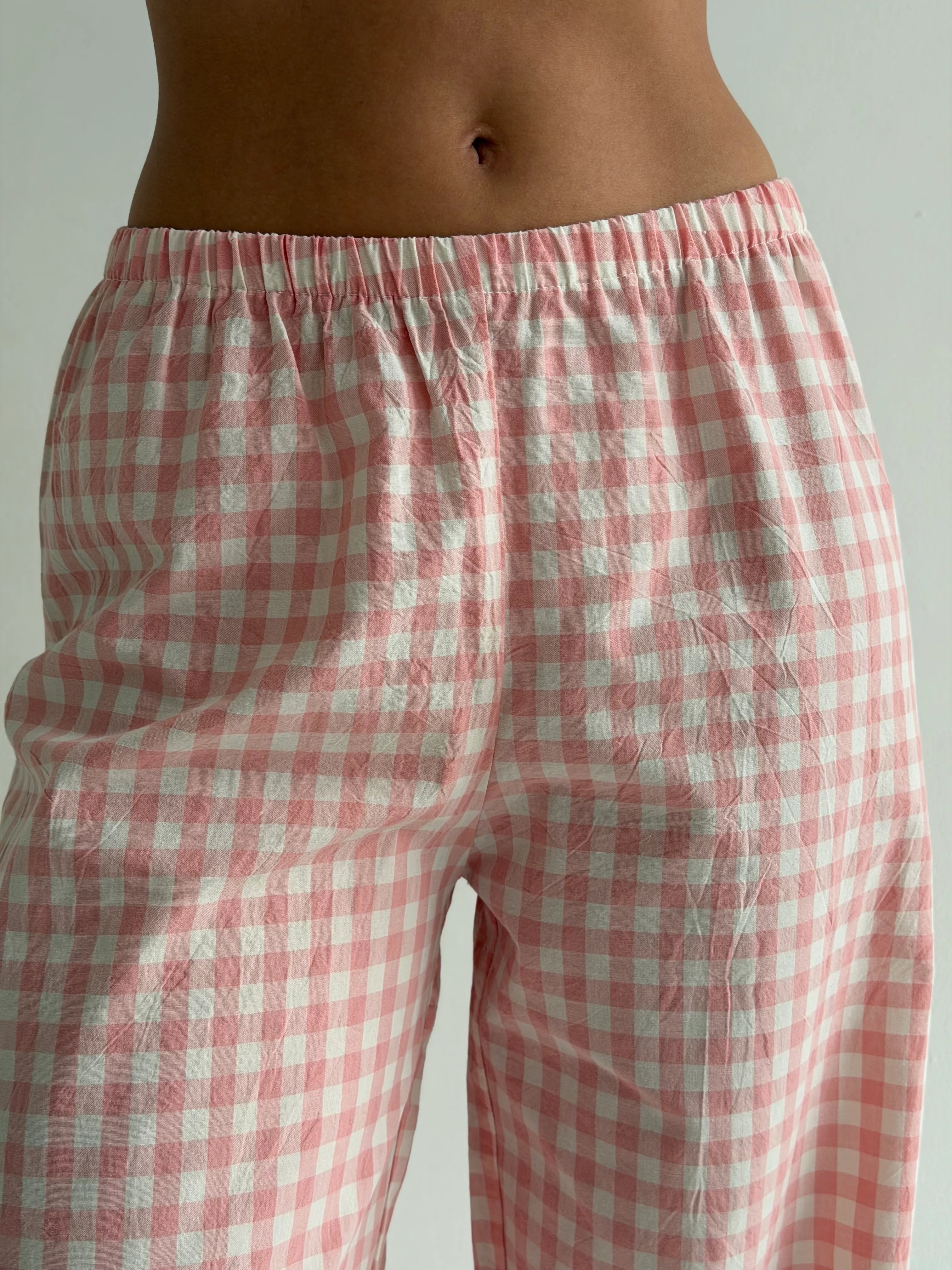 Set of knitted T-shirt and pants, boiled cotton, milk check on pink