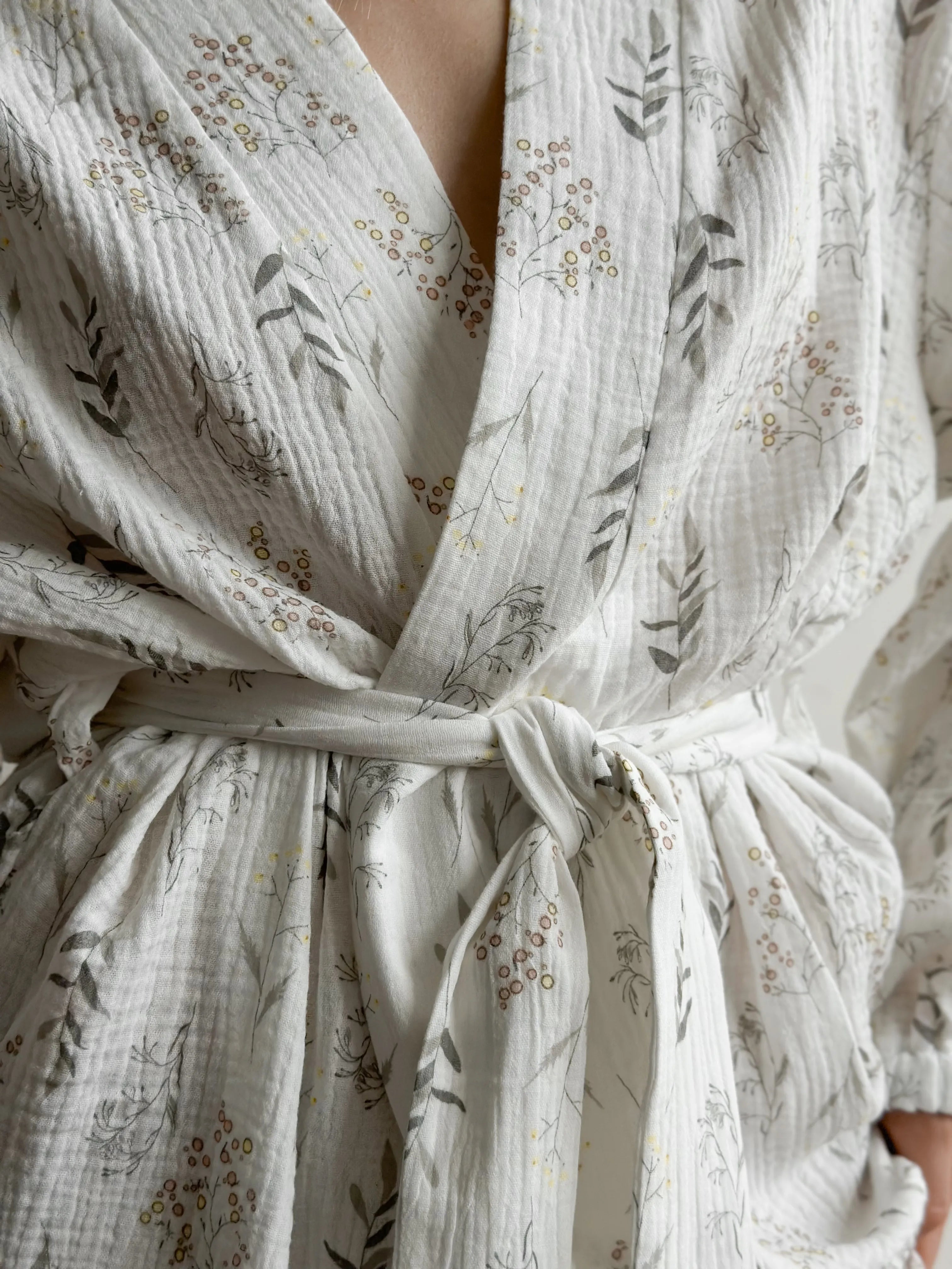Long muslin robe with wildflowers on white