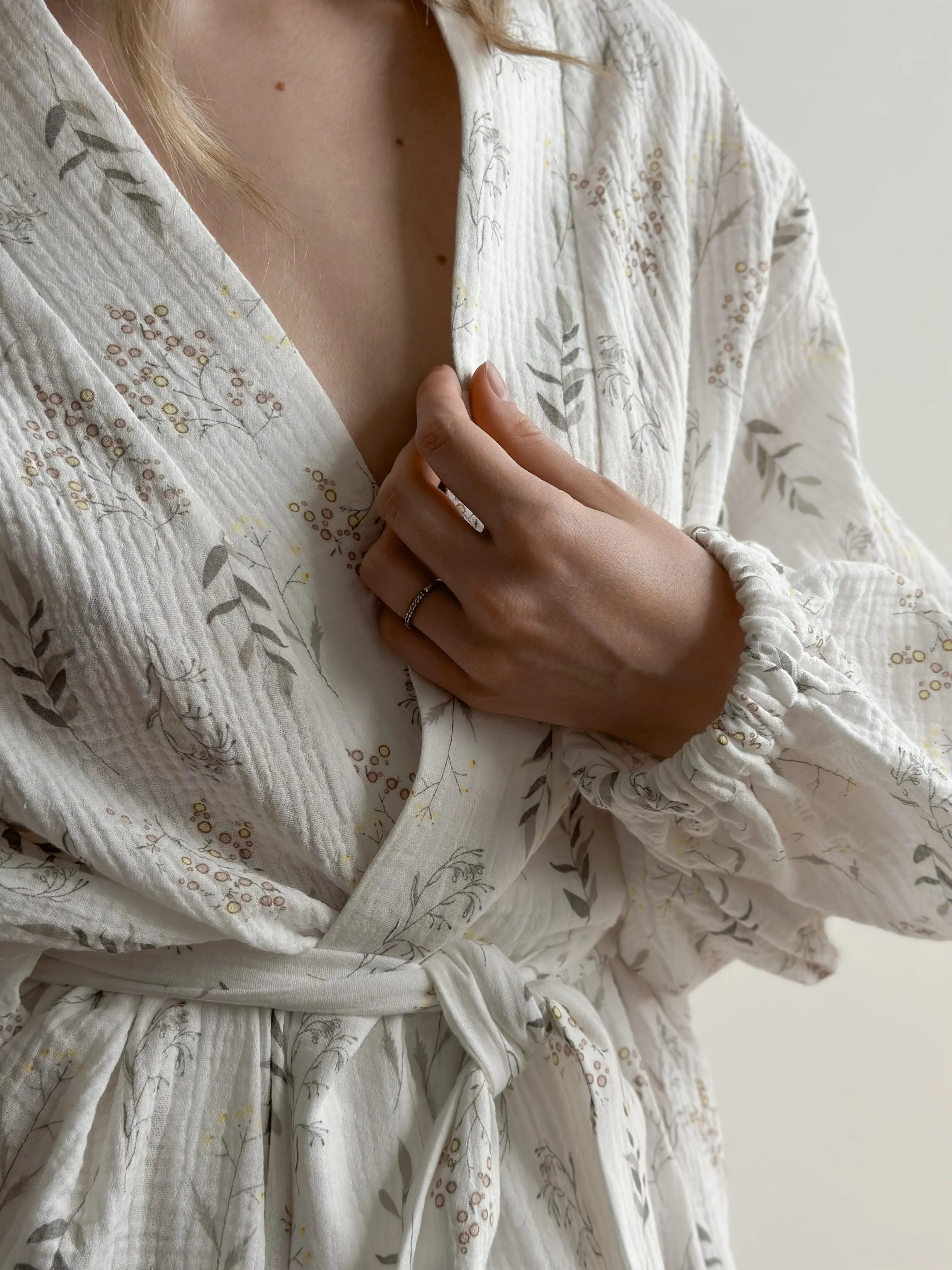 Long muslin robe with wildflowers on white