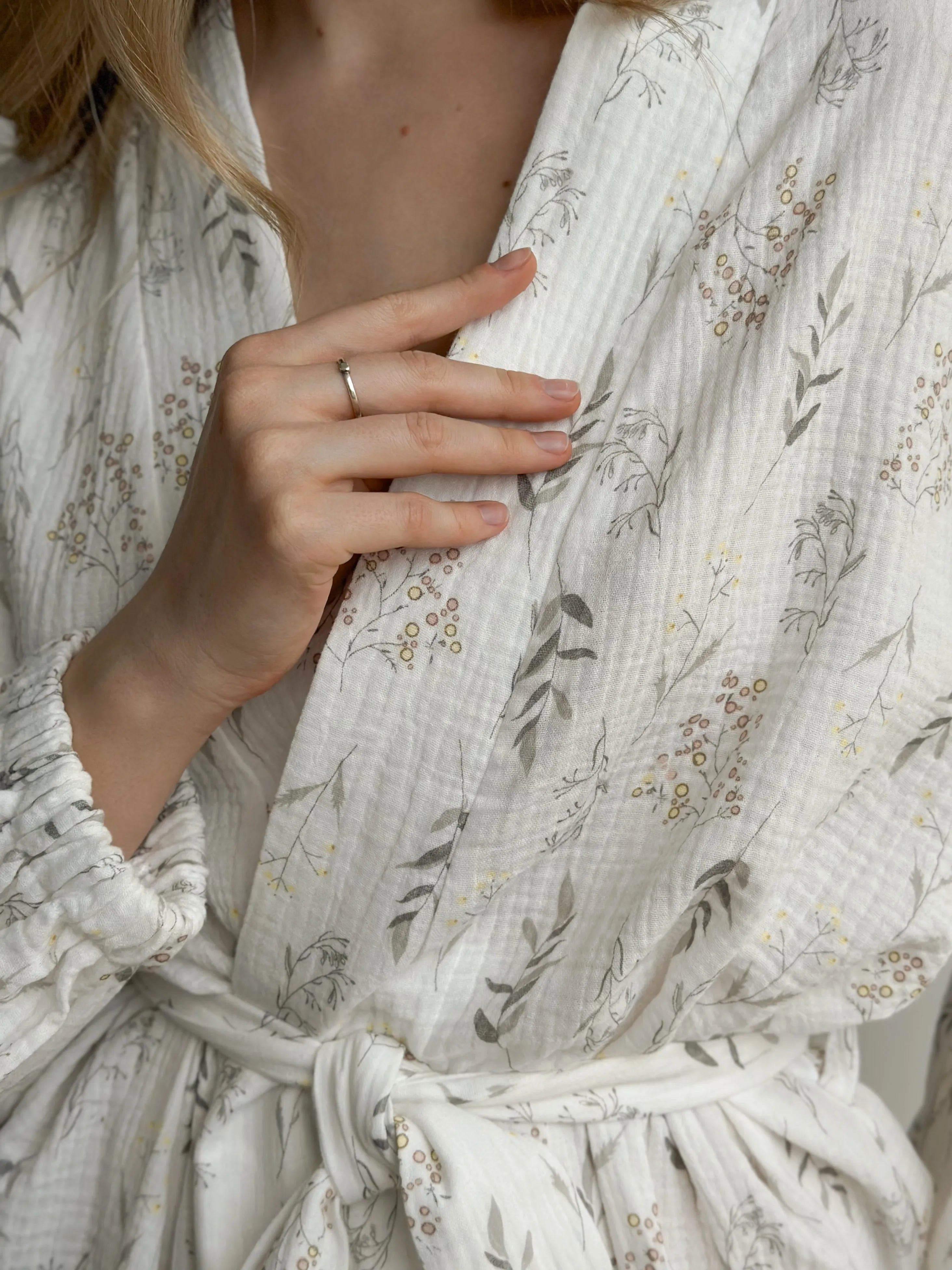 Long muslin robe with wildflowers on white