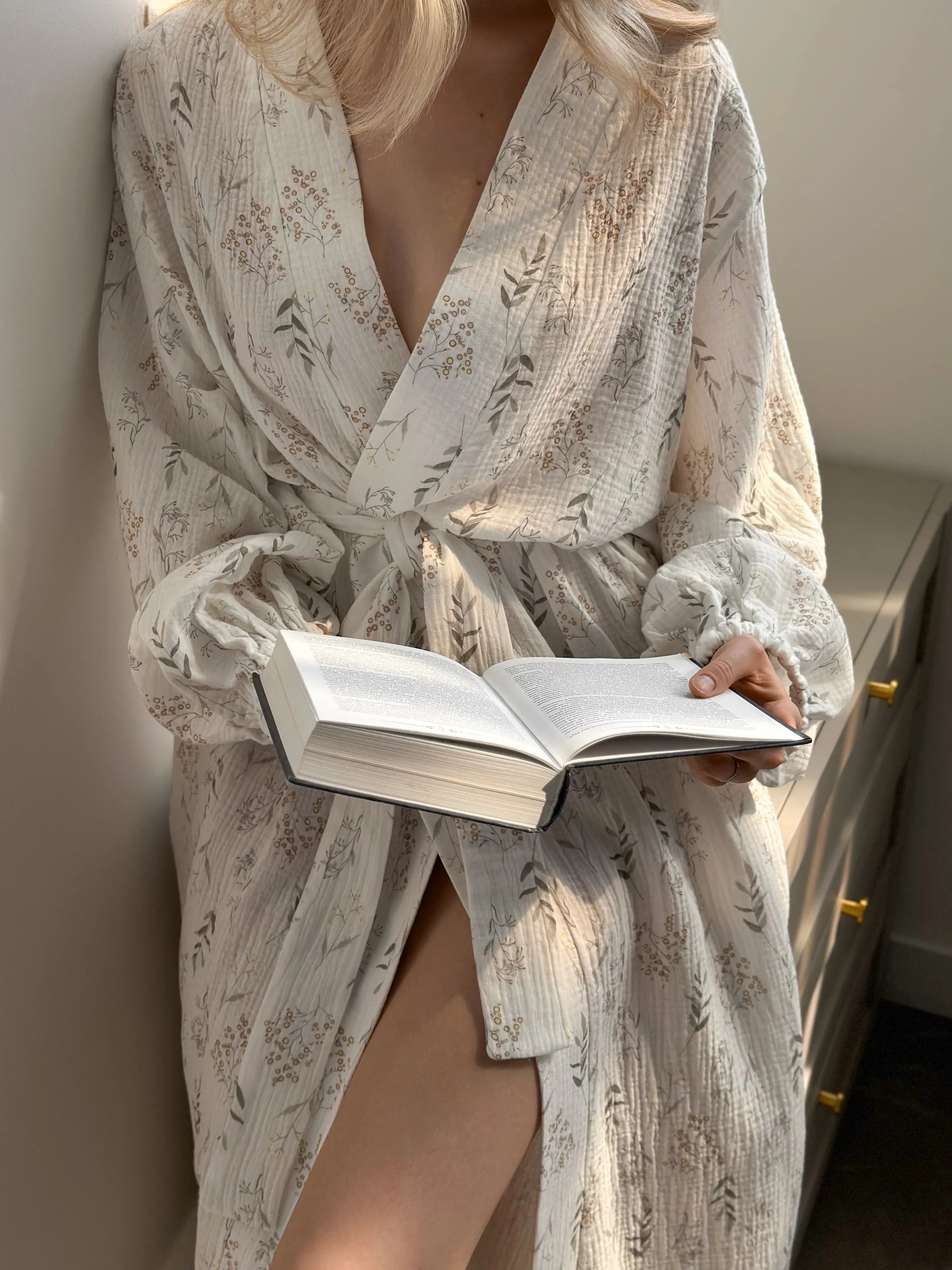 Long muslin robe with wildflowers on white