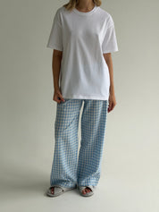 Set of knitted T-shirt and pants, boiled cotton, milk check on blue