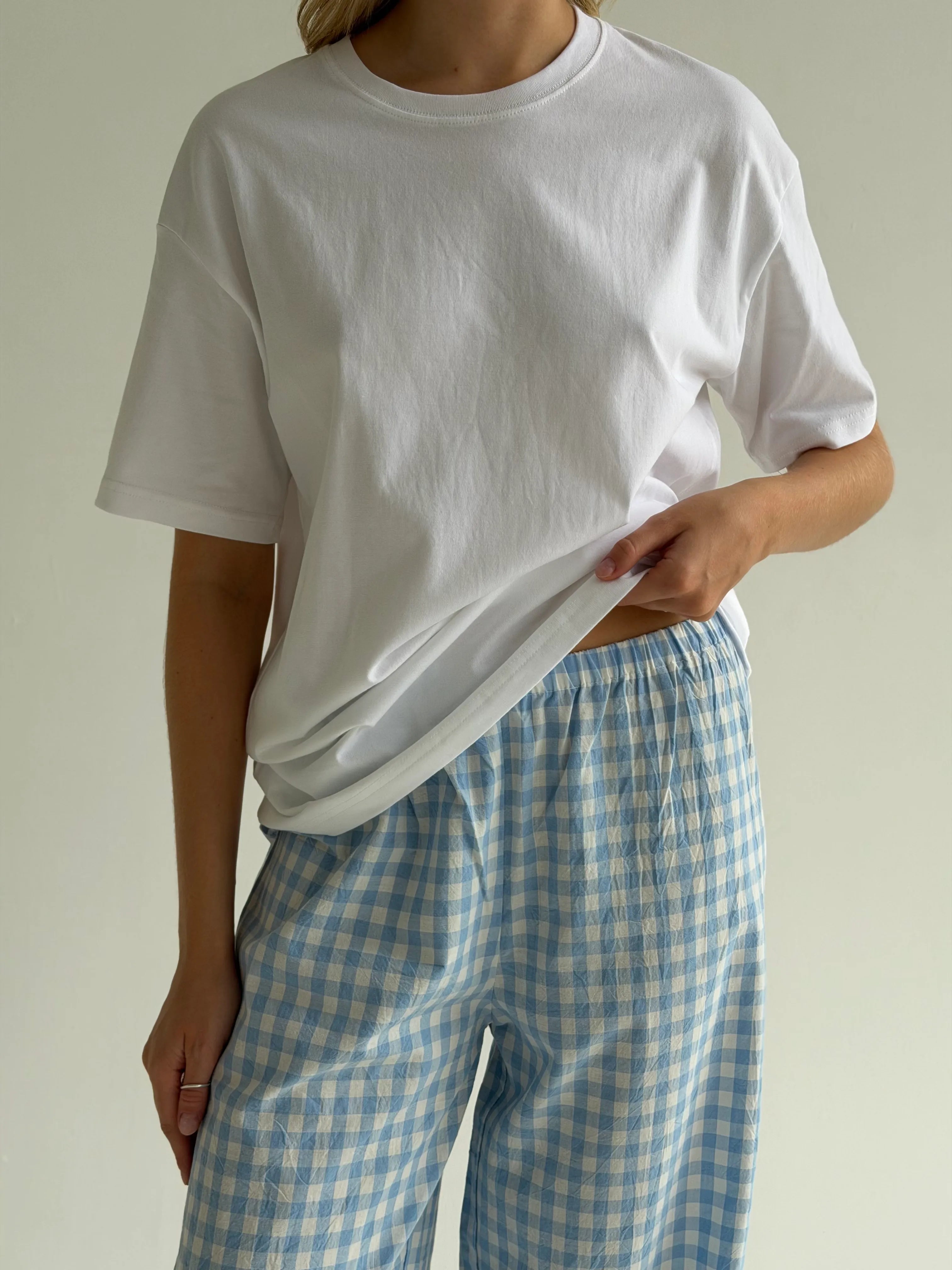 Set of knitted T-shirt and pants, boiled cotton, milk check on blue