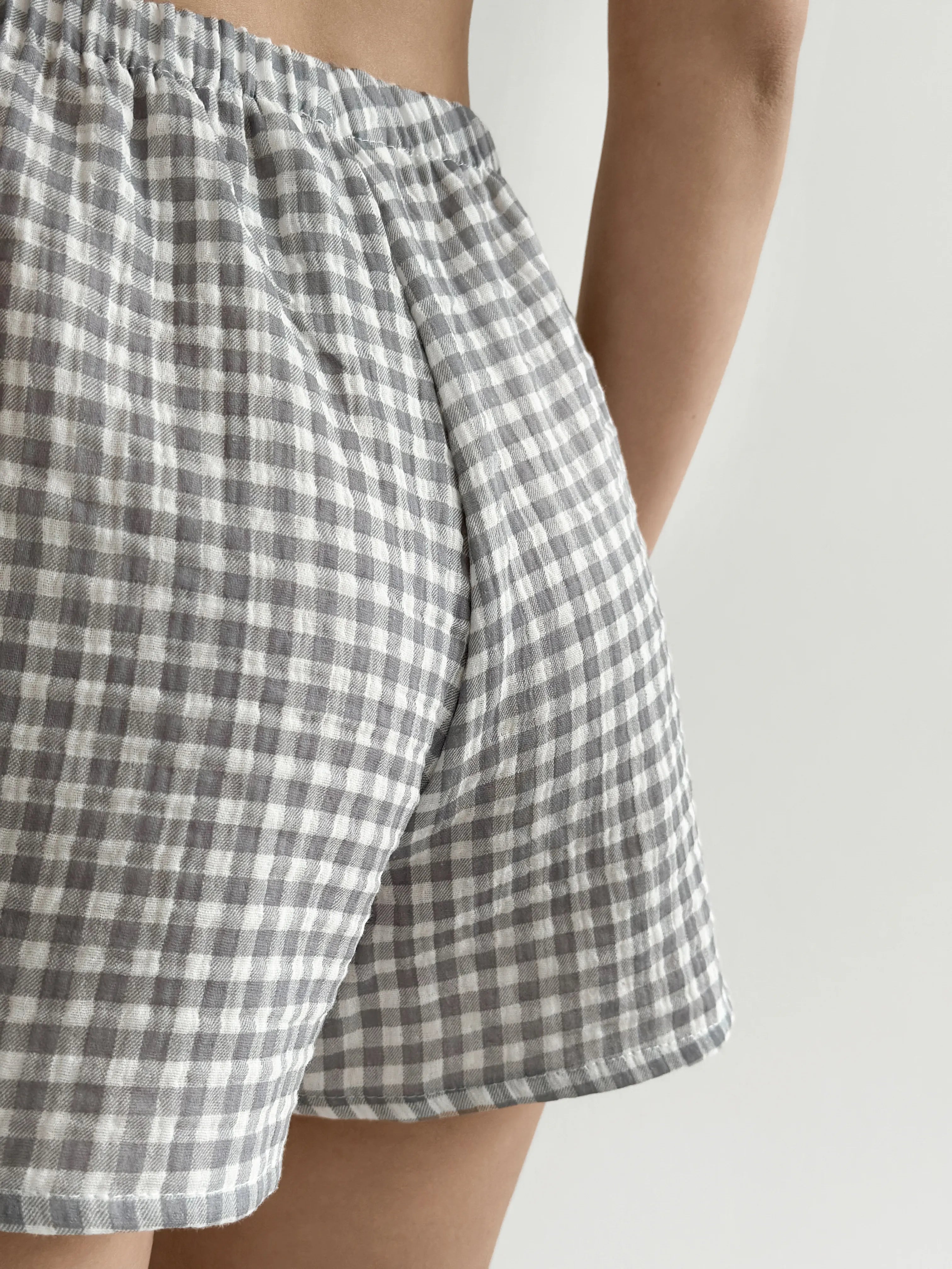 Muslin 2-layer Shorts MONO gray check on milky