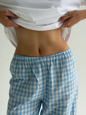 Set of knitted T-shirt and pants, boiled cotton, milk check on blue