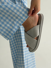 Set of knitted T-shirt and pants, boiled cotton, milk check on blue