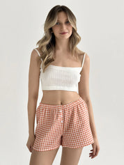 Muslin 2-layer Shorts MONO checkered terracotta on milky