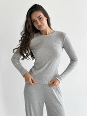 Ribana knitted suit, wide pants and long sleeves, light gray
