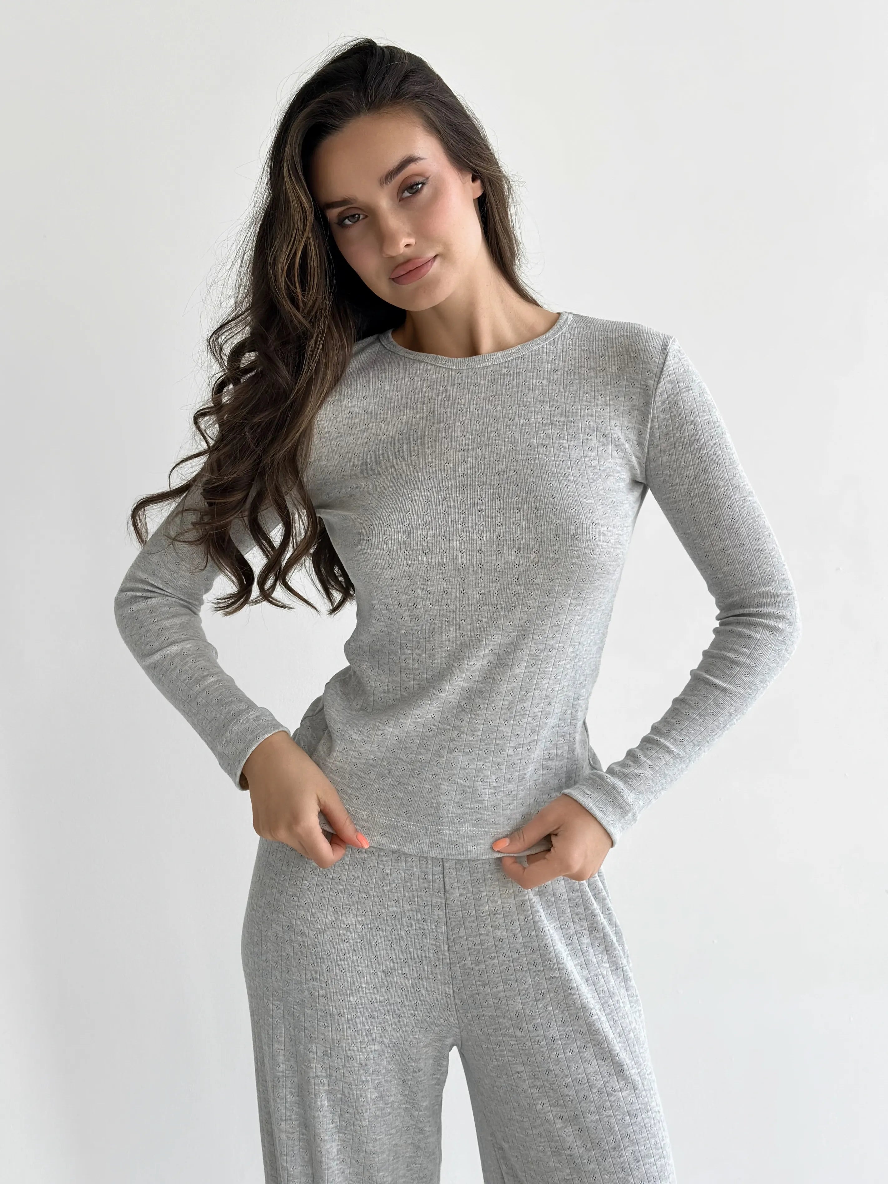 Ribana knitted suit, wide pants and long sleeves, light gray