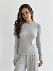 Ribana knitted suit, wide pants and long sleeves, light gray
