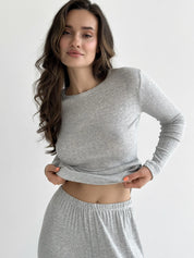 Ribana knitted suit, wide pants and long sleeves, light gray