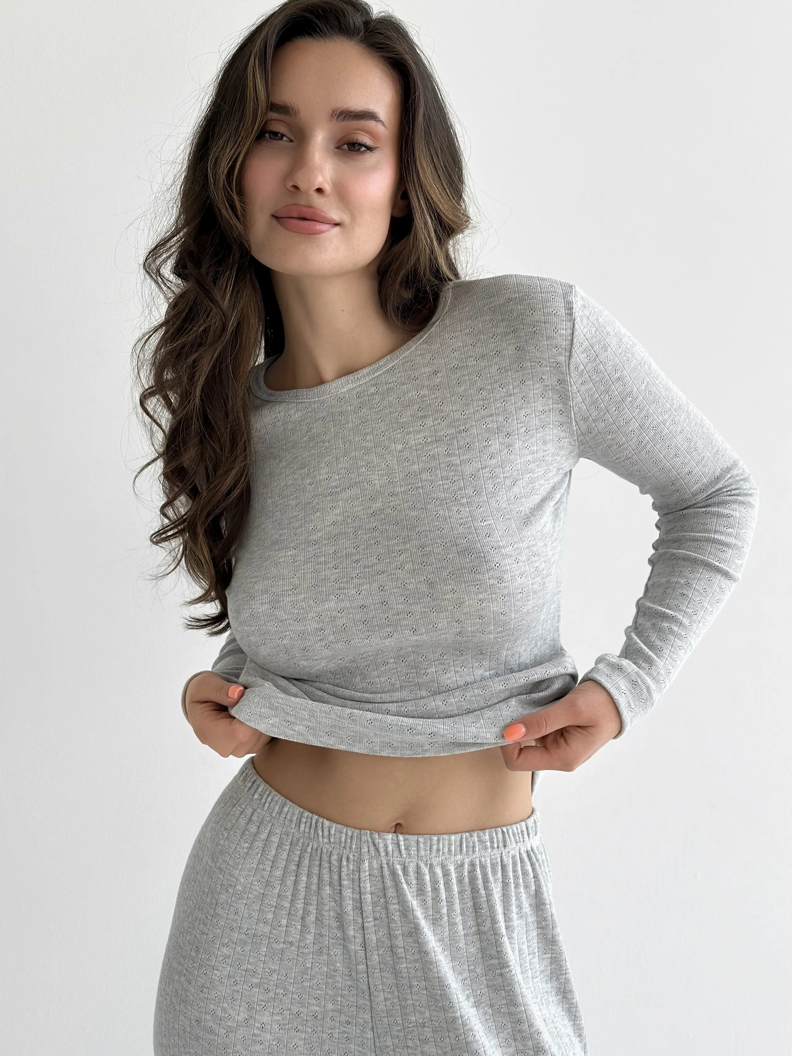 Ribana knitted suit, wide pants and long sleeves, light gray