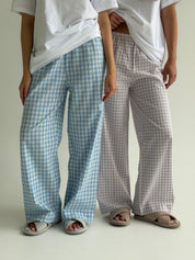 Set of knitted T-shirt and pants, boiled cotton, milk check on purple