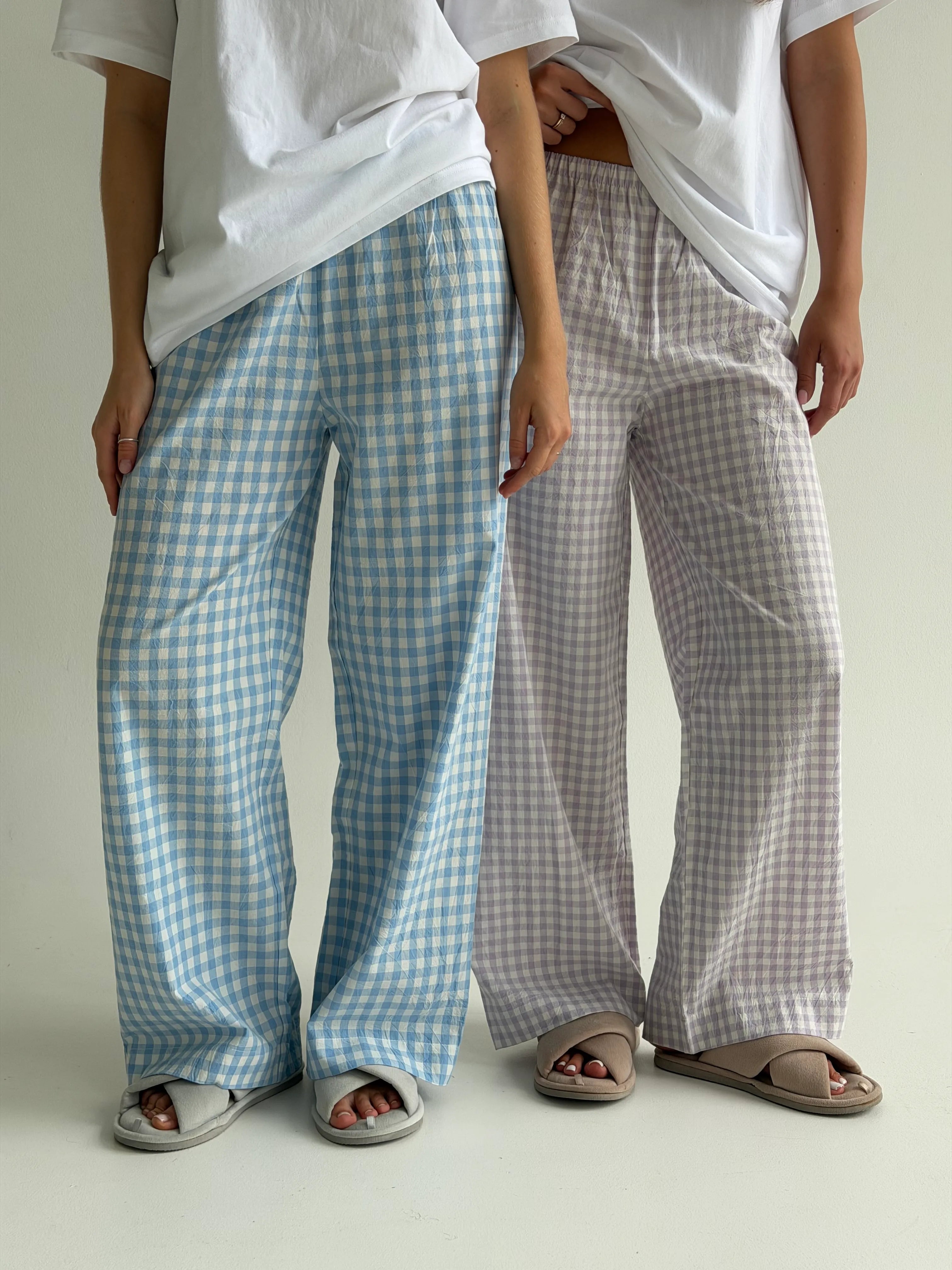 Set of knitted T-shirt and pants, boiled cotton, milk check on purple