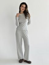 Ribana knitted suit, wide pants and long sleeves, light gray
