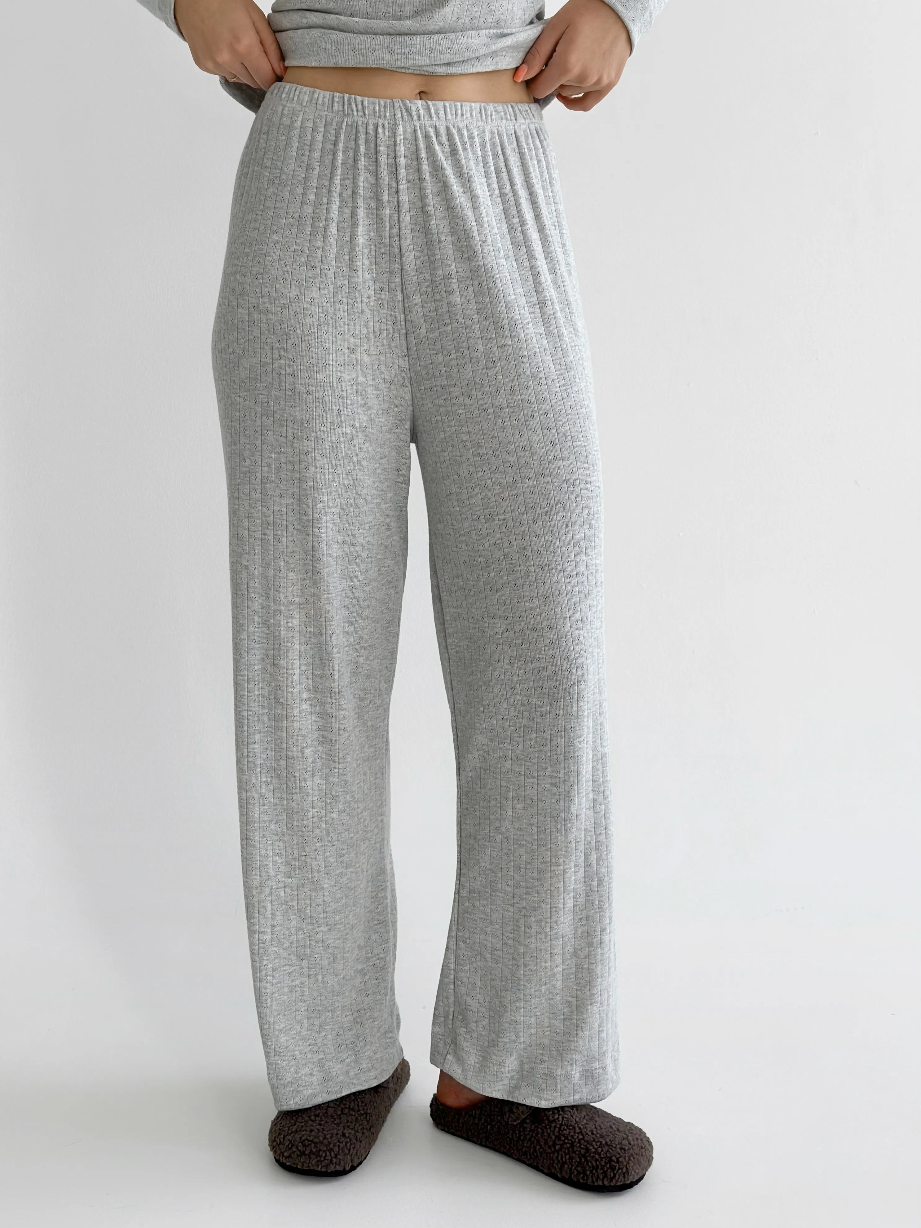 Ribana knitted suit, wide pants and long sleeves, light gray