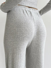 Ribana knitted suit, wide pants and long sleeves, light gray
