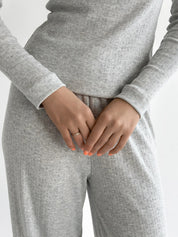 Ribana knitted suit, wide pants and long sleeves, light gray