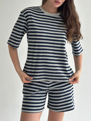 Striped jersey T-shirt and shorts suit grey/blue