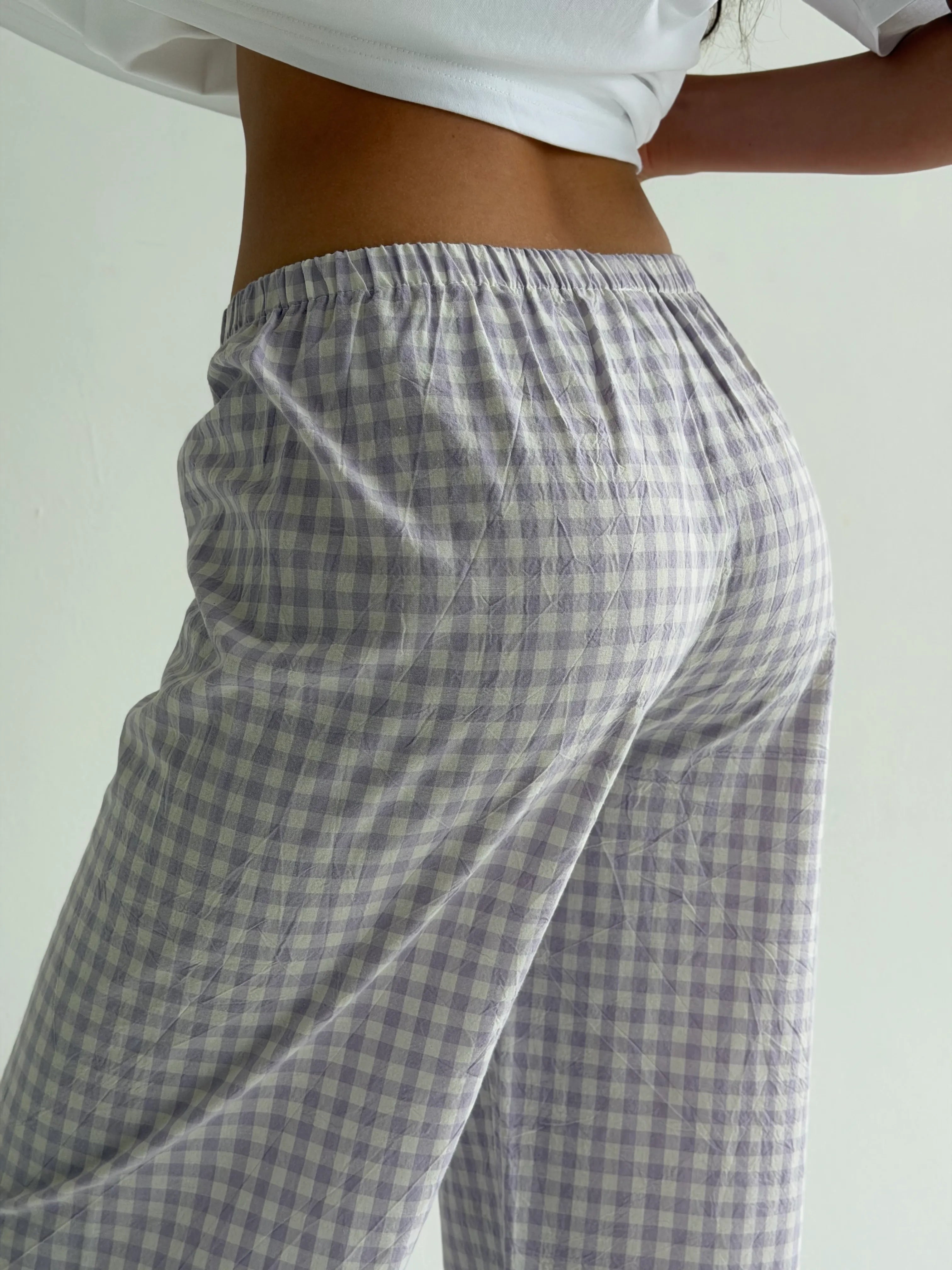 Set of knitted T-shirt and pants, boiled cotton, milk check on purple