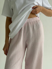 Set of jersey t-shirt and muslin pants, pink check on milky