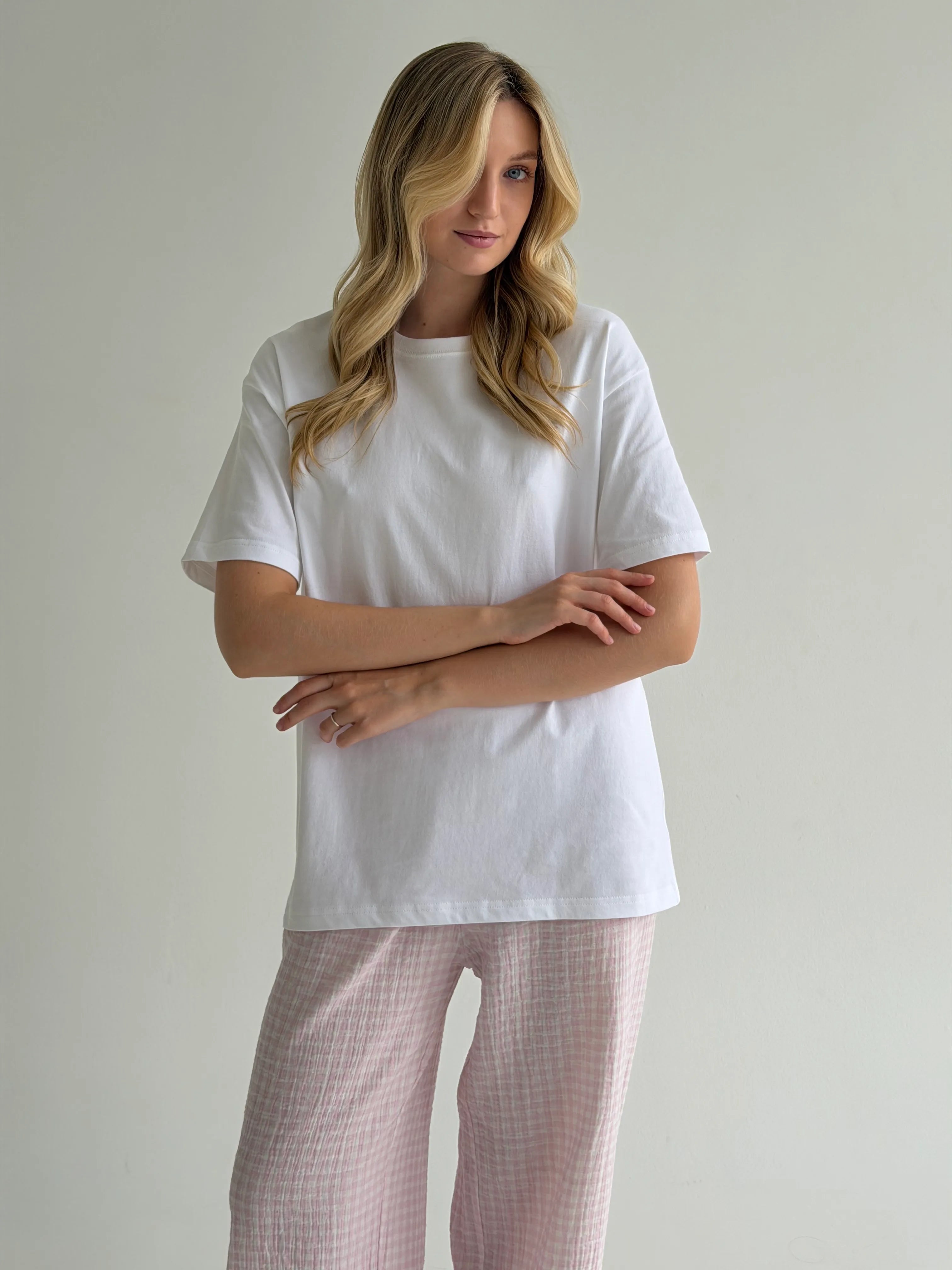 Set of jersey t-shirt and muslin pants, pink check on milky