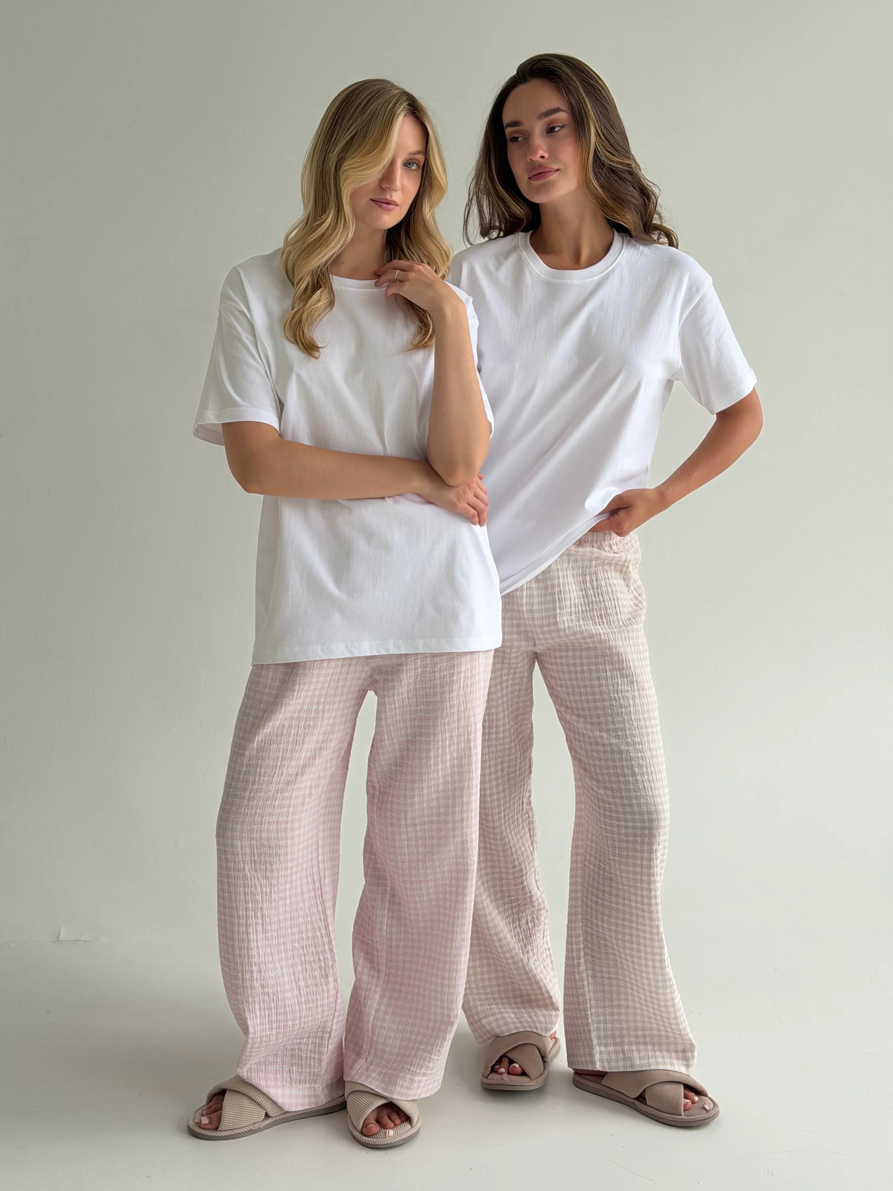 Set of jersey t-shirt and muslin pants, pink check on milky