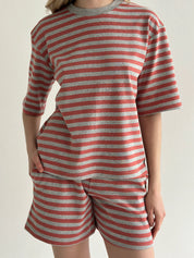 Striped knitwear T-shirt and shorts suit grey/terracotta