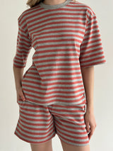 Striped knitwear T-shirt and shorts suit grey/terracotta