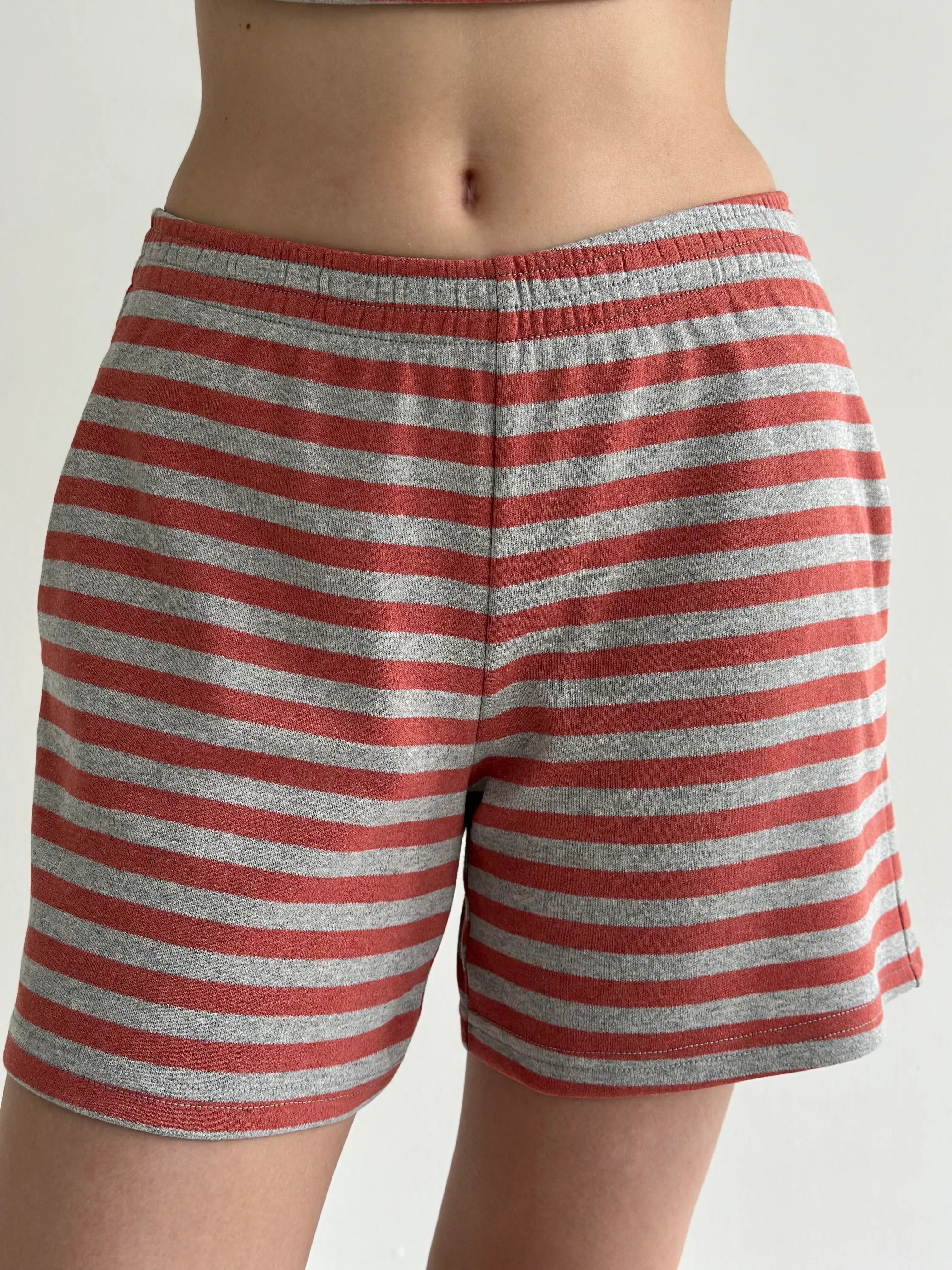 Striped knitwear T-shirt and shorts suit grey/terracotta