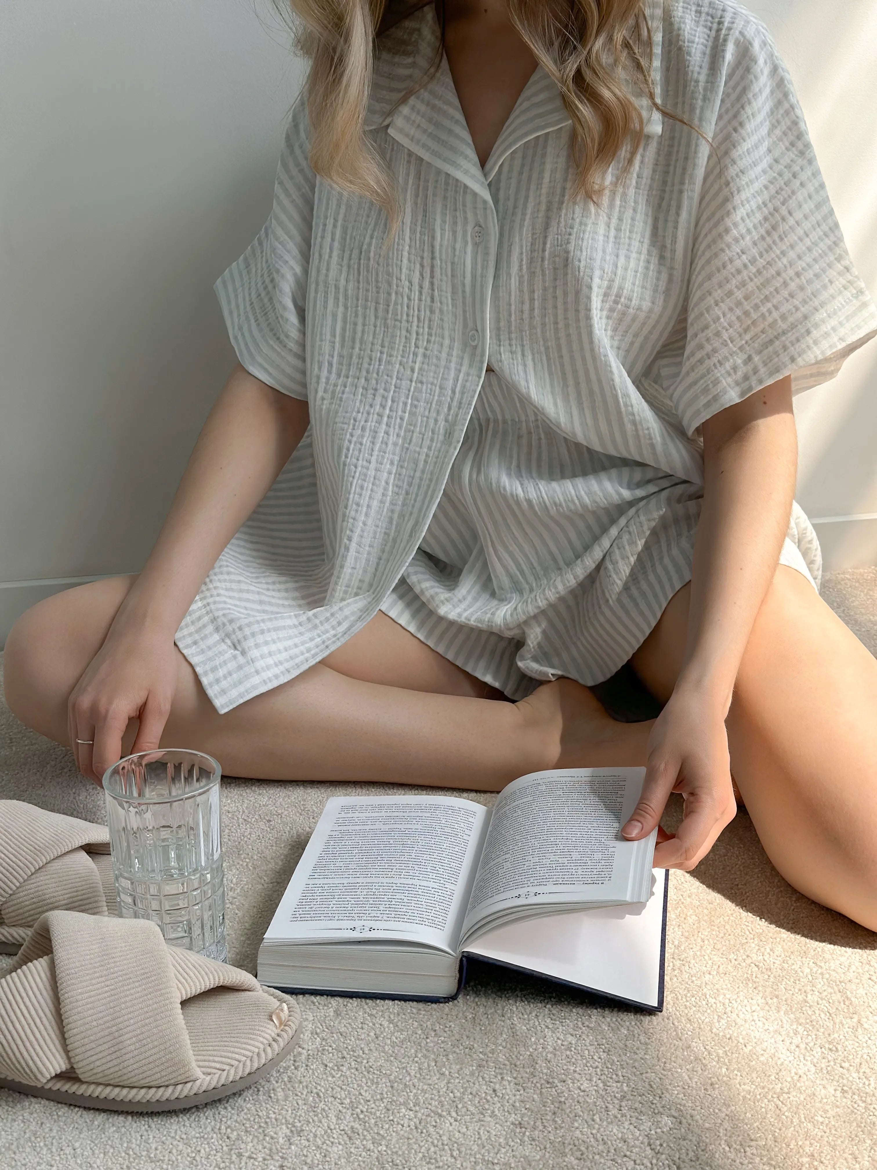 Muslin 2-layer shorts + striped shirt gray suit