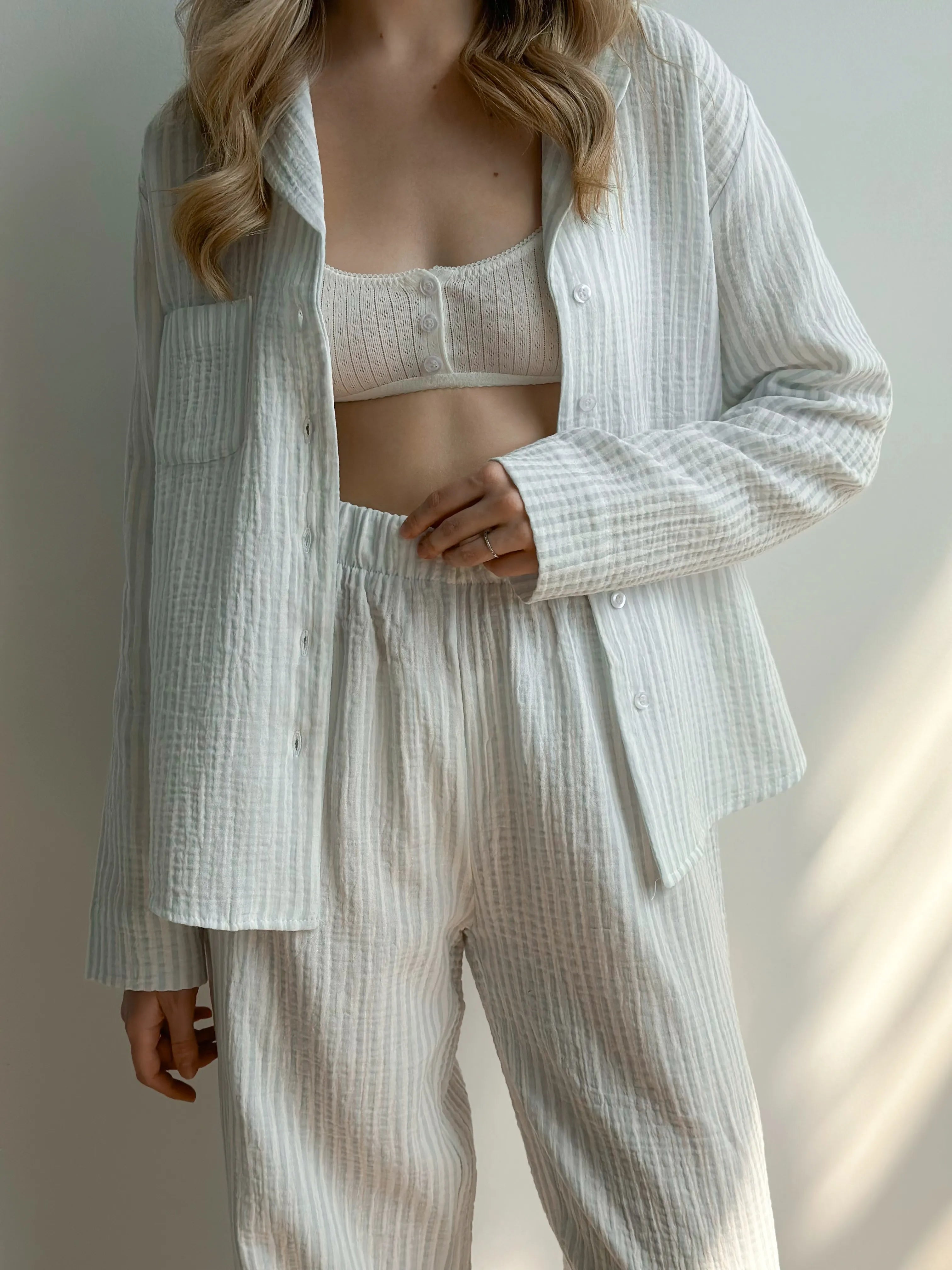 Gray striped muslin shirt and pants suit