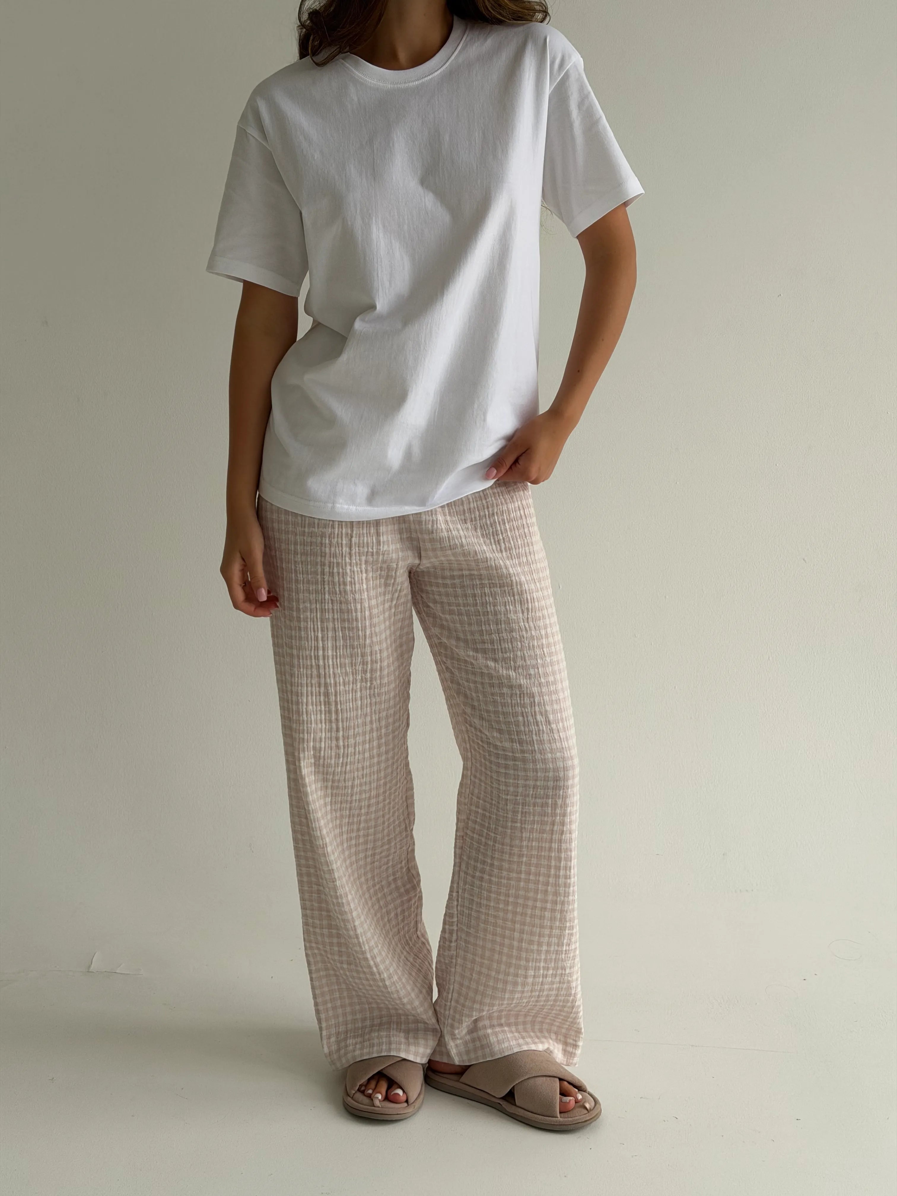 Set of jersey T-shirt and muslin pants, beige check on milky