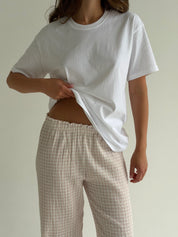 Set of jersey T-shirt and muslin pants, beige check on milky