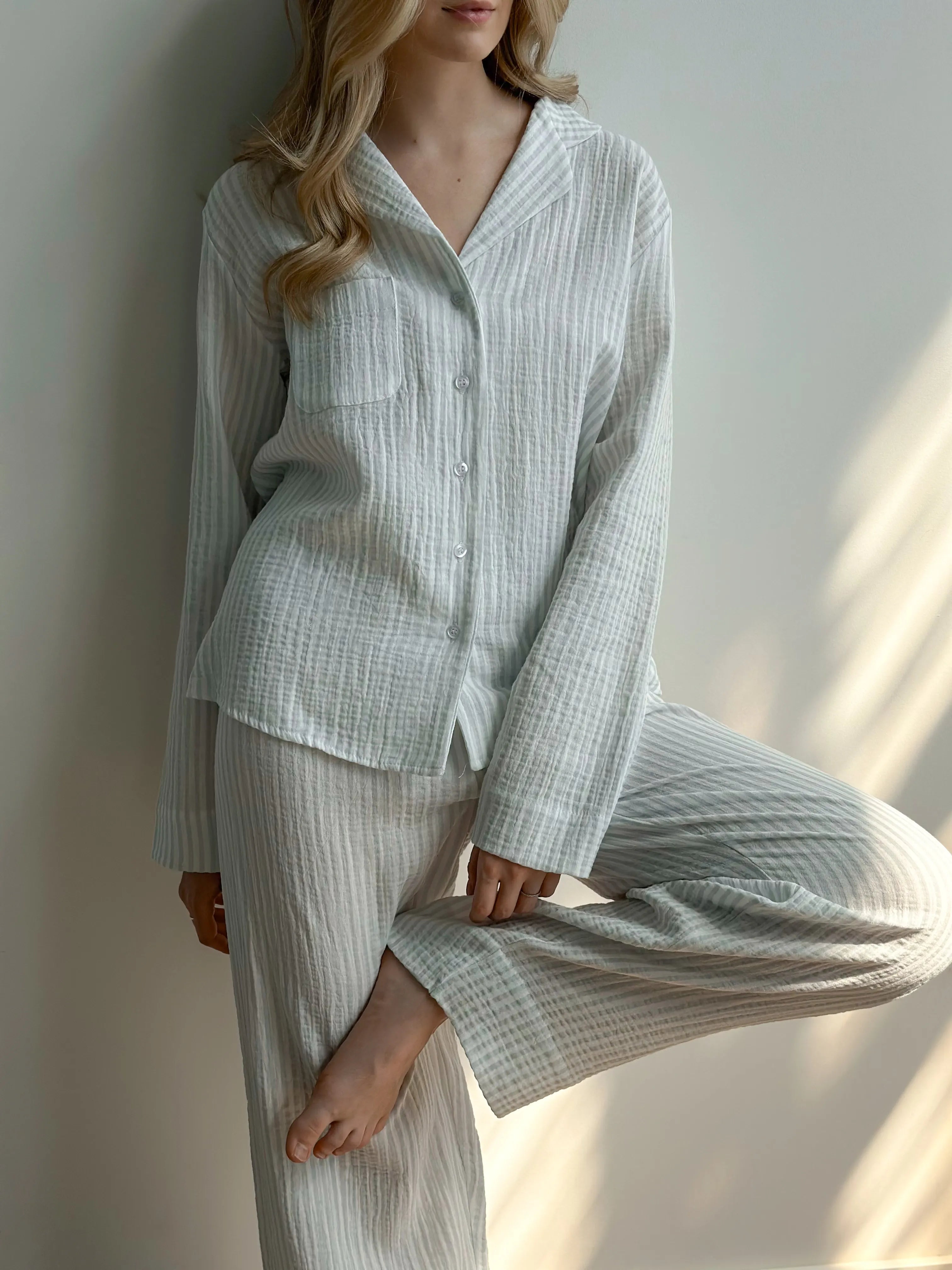Gray striped muslin shirt and pants suit