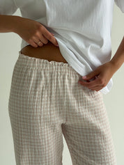 Set of jersey T-shirt and muslin pants, beige check on milky